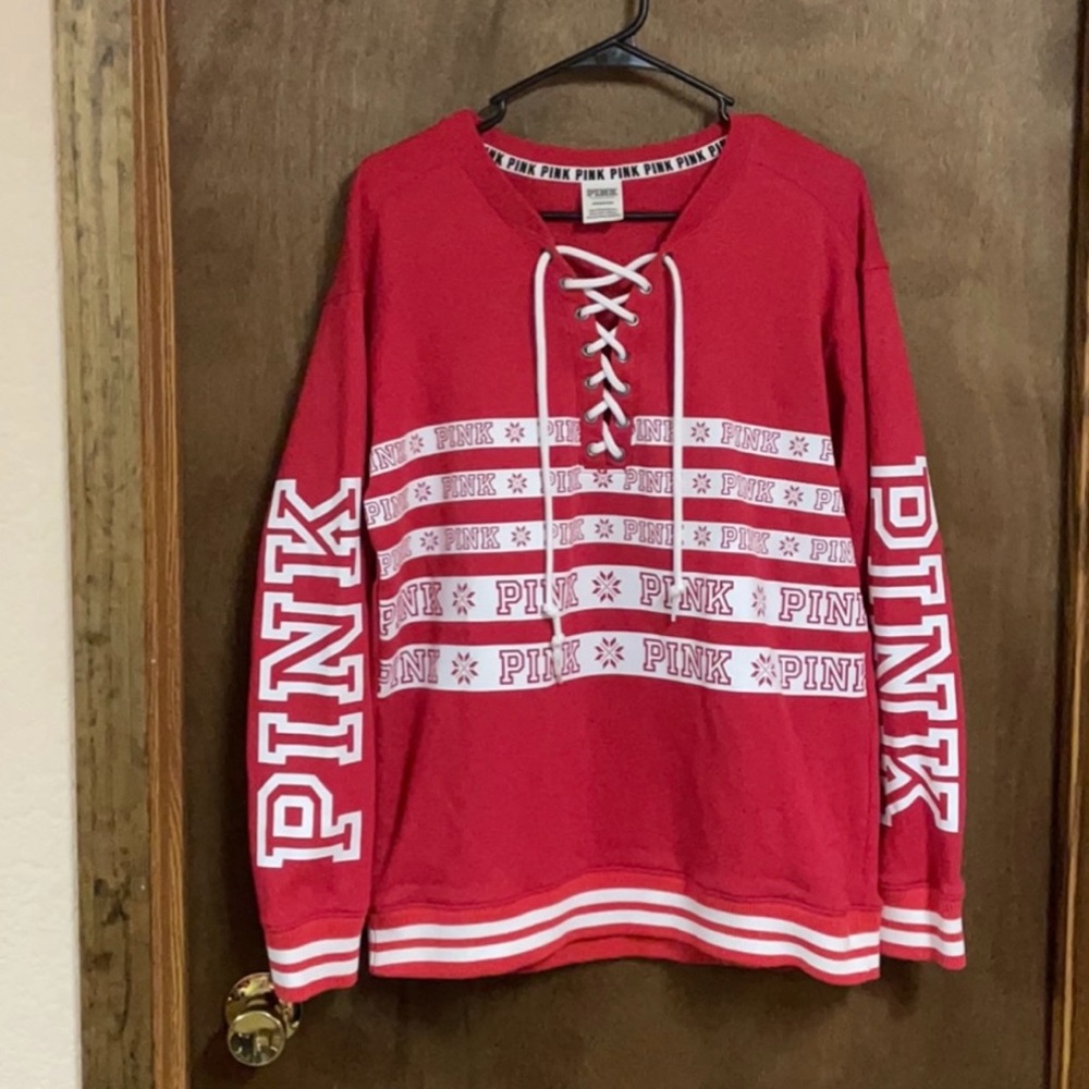 Victorias Secret Pink Crewneck Sweatshirt‎ Pullover Small Red Fair Isle Winter